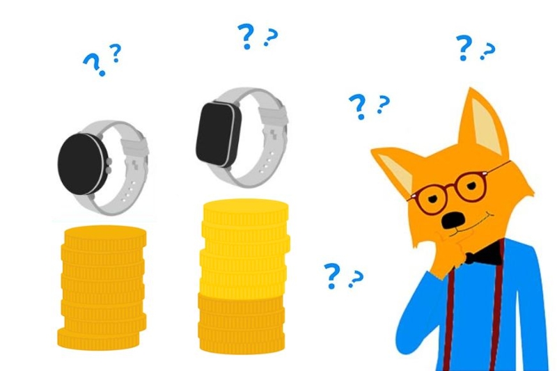 Man sieht eine Grafik, in welcher der Smarthome-Fuchs über den Preis seiner Smartwatch nachdenkt.